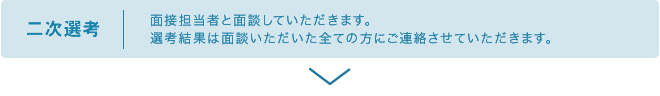 二次選考 面接担当者と面談していただきます。選考結果は面談いただいた全ての方にご連絡させていただきます。